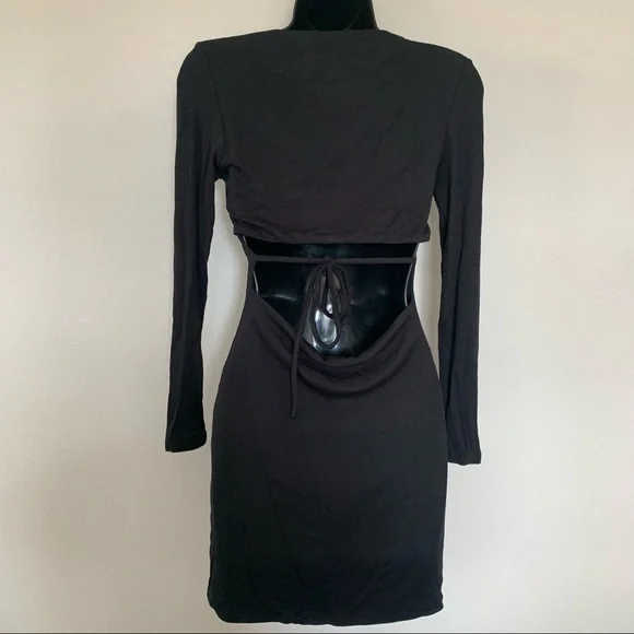 Princess Polly Black Long Sleeve Square Neck Tie Cut Out Back Mini Dress - Picture 7 of 11